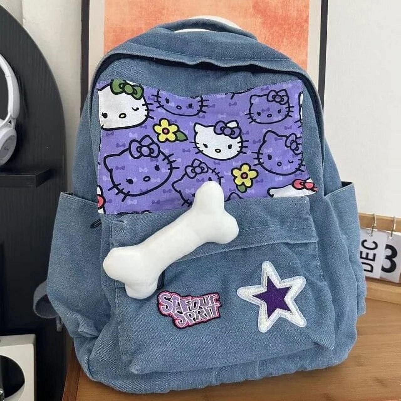 Sanrio Star Cartoon Hello Kitty Denim Backpack Women Y2K Retro