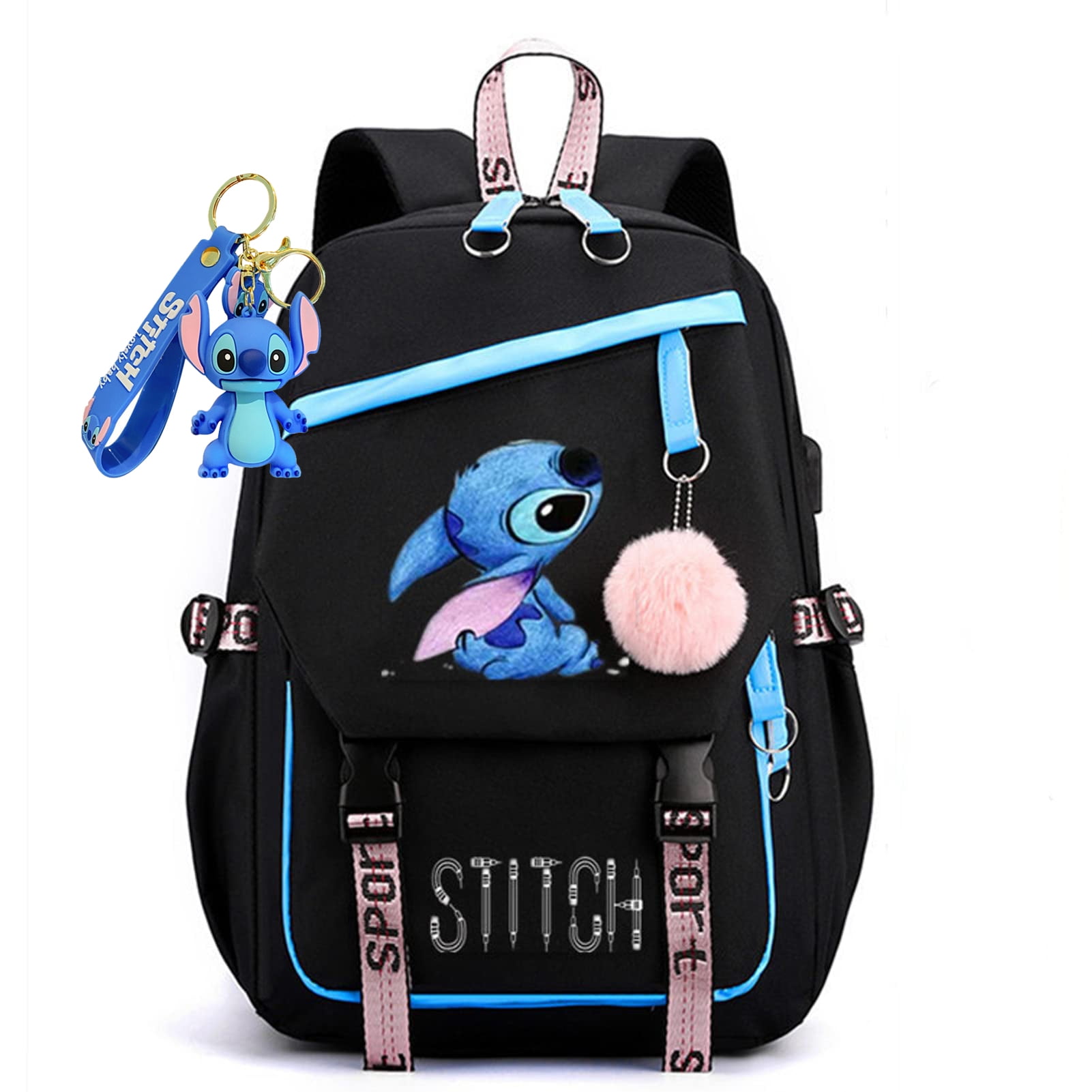 Sanrio Stitch Backpack with Exquisite Pendant, Middle School Laptop Backpack Student Cute Schoolbag Casual Backpack Travel Backpack, Black Purple
