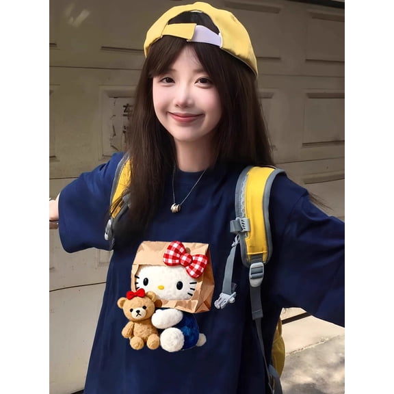 Sanrio Summer Hello Kitty Cotton T-shirt Women's Loose Fasion Creative Print