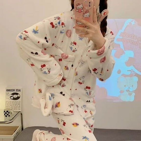 Sanrio Themed Flannel Pajama Set for Women,Warm Cozy Loungewear Set