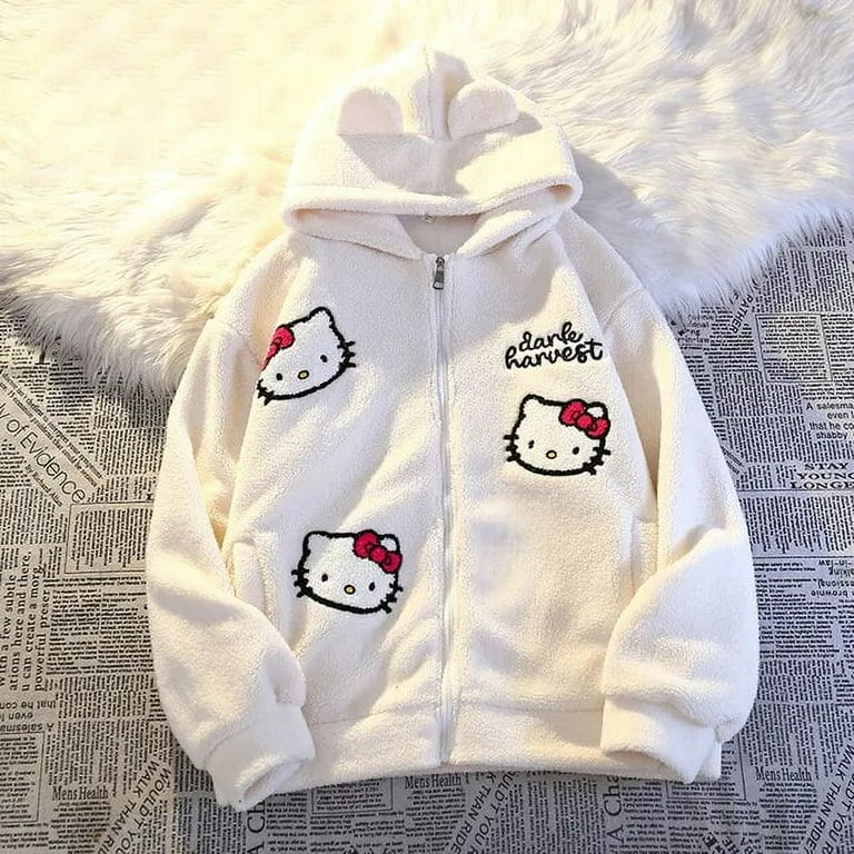 Sanrio Winter Clothes Women Hello Kitty Hoodies Kawaii Cotton Padded Jacket Plus Velvet Thicken Keep Warm Women Student Girl Walmart