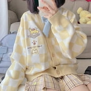 Sanrio Women‘s Cardigan Sweater Cute Kuromi My Melody Plaid Top Girls Preppy Style Oversized Loose Long Sleeve Knitted Sweater