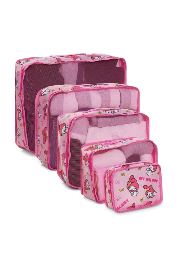 Womens Hello Kitty My Melody Packing Cubes, 5 Piece Set Travel Organizer for Kids and Adult Pink