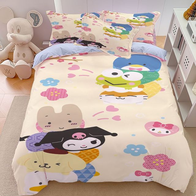 Sanrio cartoon cinnamon roll fourpiece set cute Kuromi Melody bed sheet children‘s personality