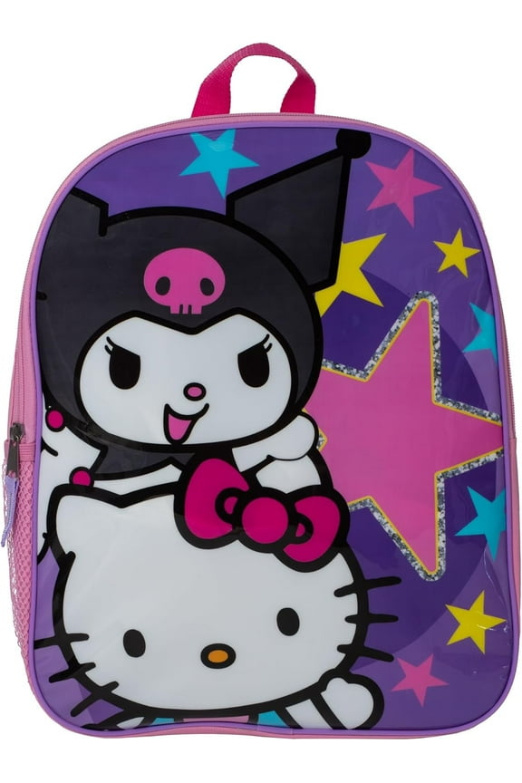 Sanrio's Hello Kitty & Kuromi Kids Backpack, Elementary School Girls Book Bag, Purple & Pink