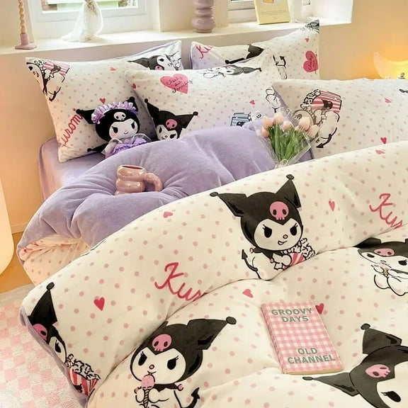 Sanrios Anime Kawaii Cinnamoroll Kuromi My Melody Hello Kittys Cute Thickened Milk Velvet Duvet Cover Three Piece Bed Sheet Set