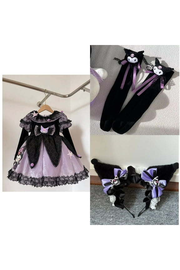Sanrios Anime Kuromi COS Clothing Halloween Lolita Princess Style Skirt Children Girls Lace Tutu Skirts Flash Light Party Dress