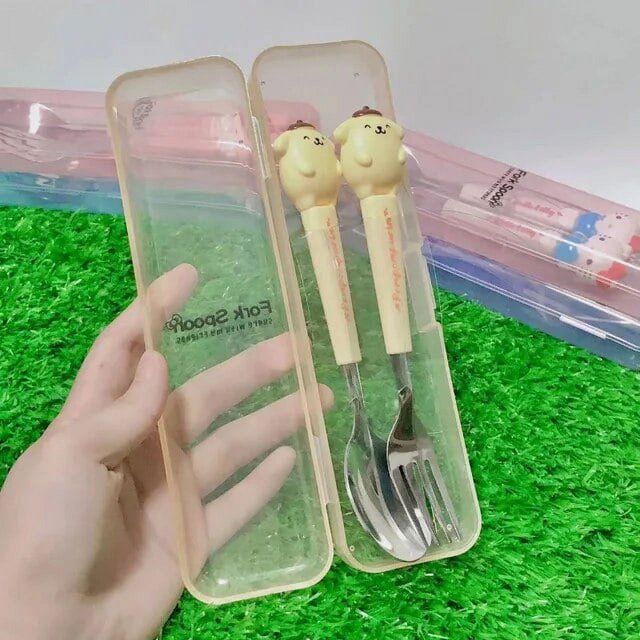 Sanrios Cinnamoroll Kuromi Kawaii Fork and Spoon Set My Melody Cute Kids Lunch Spoon Hello Kitty