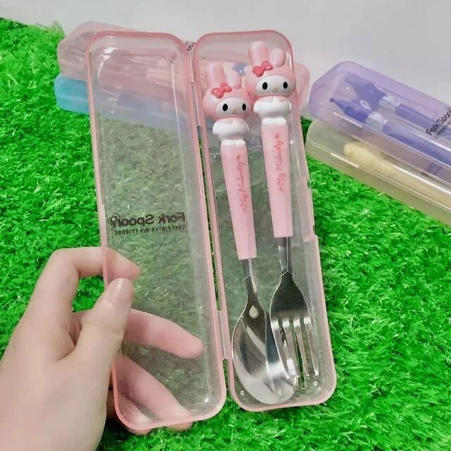 Sanrios Cinnamoroll Kuromi Kawaii Fork and Spoon Set My Melody Cute Kids Lunch Spoon Hello Kitty