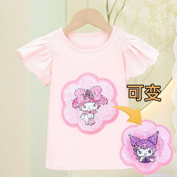 Sanrios Cinnamoroll Kuromi My Melody Kids Short Sleeve Color Changing Sequin T-Shirt Cartoon Summer Tops Breathable Girls Gift