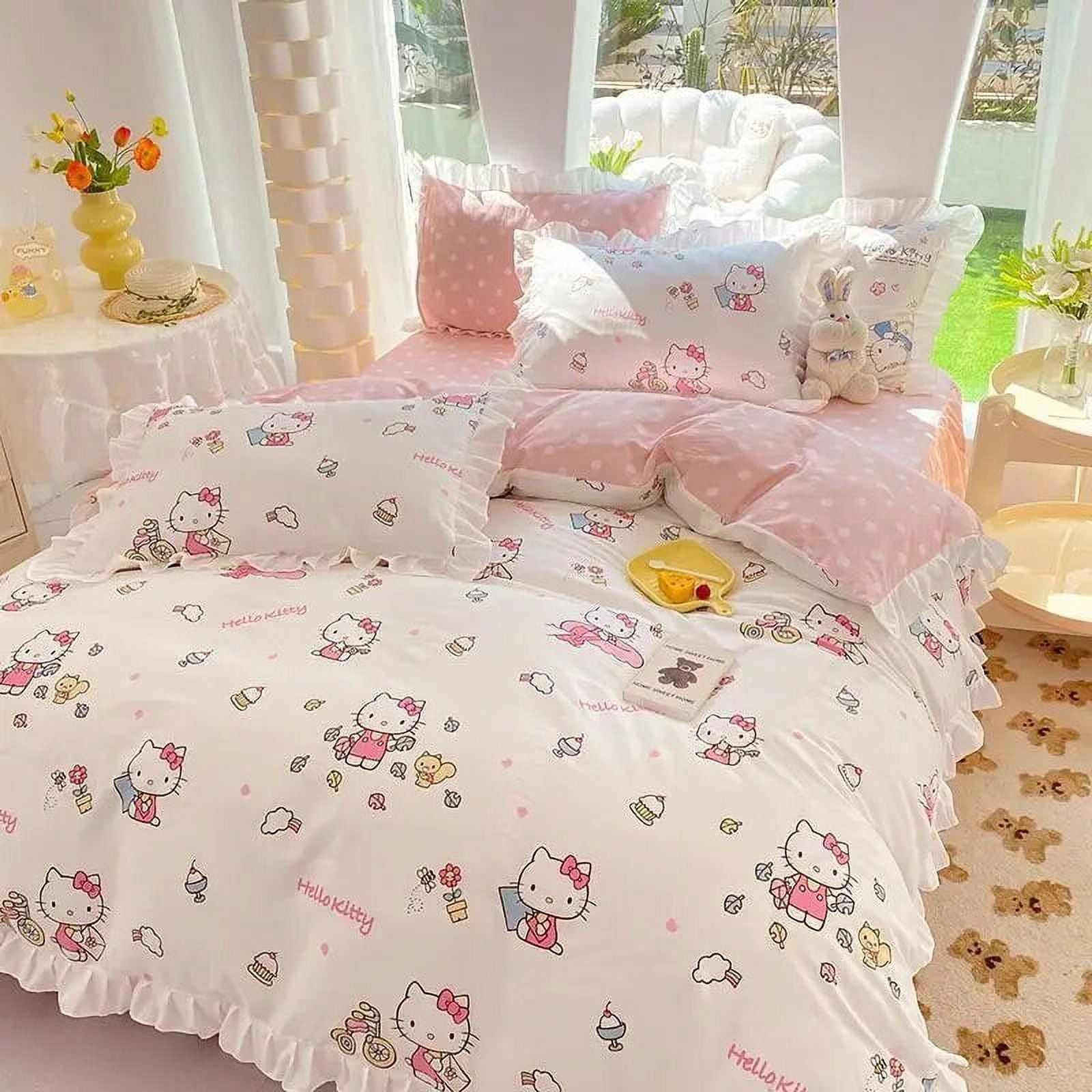Sanrios Hello Kitty Sheet and Pillowcases Bedding Four Piece Cute Warm Bedding Set Anime Pillowcases Bed Accessories Girls Gift Walmart