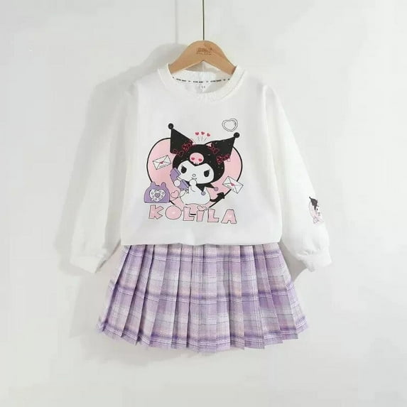 Sanrios Kuromi Princess Dress Kids Girl College Style Anime Varsity Sweater Pleated Skirt Jk Suit Child Sweatshirt Pullover Gift