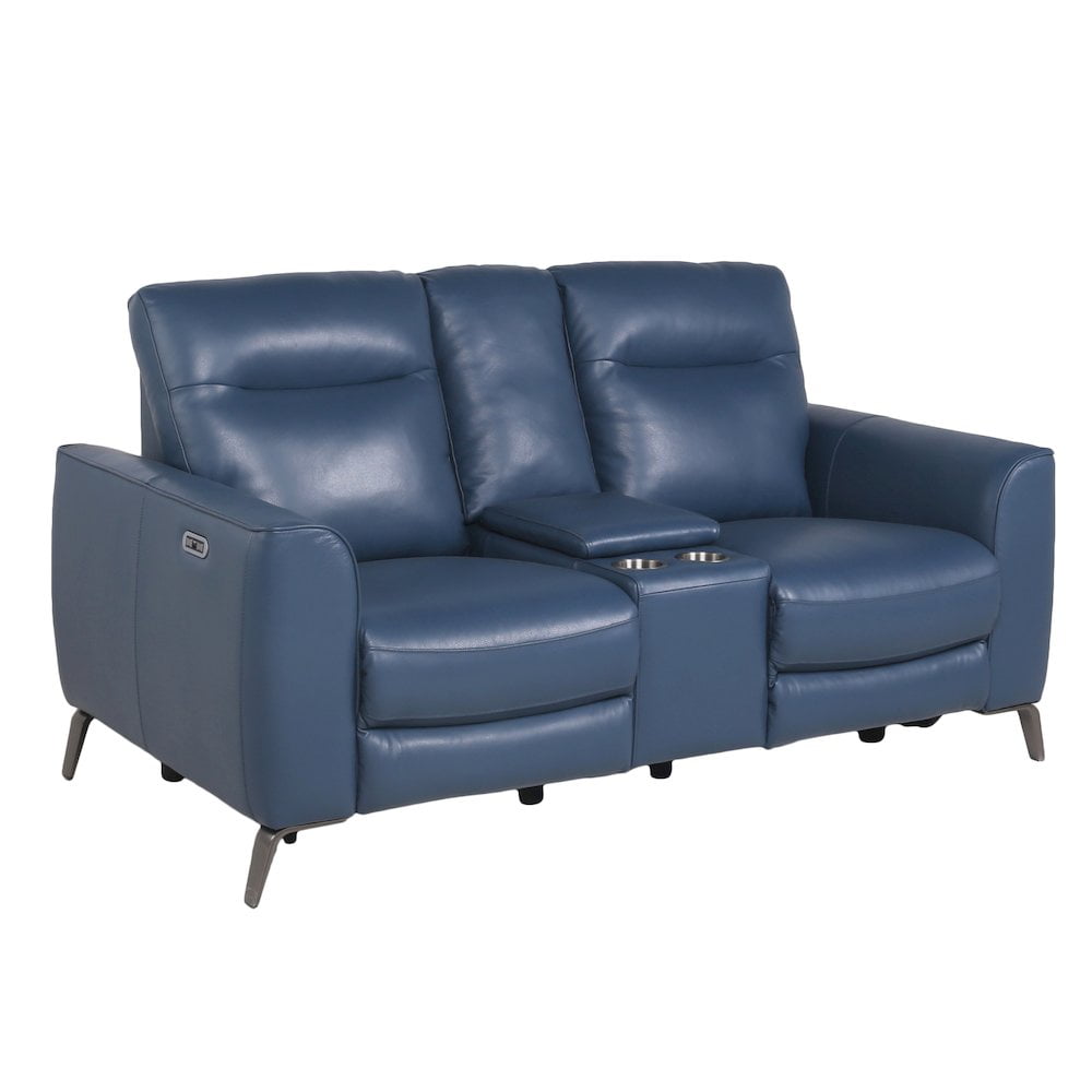 Ocean Blue Leather Power Reclining Sectional with Cup Holder