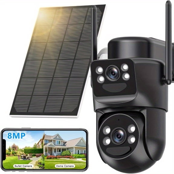 Sansco 4K Solar Powered Security Camera Wireless Outdoor - 8MP Dual-Lens 2.4GHz & 5GHz WiFi Video Surveillance Security Camera with Color Night Vision, 2-Way Talk, PIR Motion Detection,Waterproof