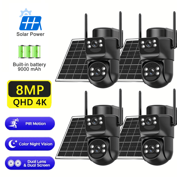 Sansco Dual Lens Solar Security Camera Wireless Outdoor, 5GHz/2.4Ghz WiFi Video Camera With PTZ Rotation, 4K Color Night Vision, Two-Way Audio, PIR Motion Detection, Smart Alarms, Waterproof, 4 Pack