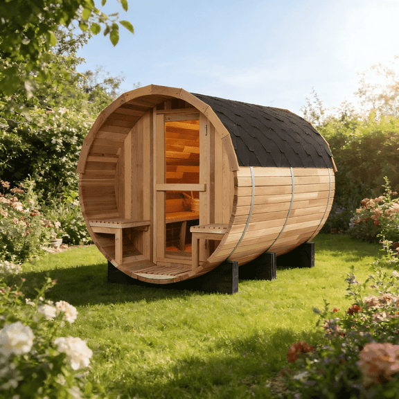 Sansheng 6 Person Premium Patchwork Red Cedar Barrel Sauna with 6 Kilowatt Heater