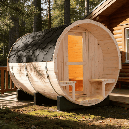 Sansheng® Outdoor 6 Person Premium Solid White Pine Barrel Sauna with Spacious Front Porch and 6 Kilowatt Heater