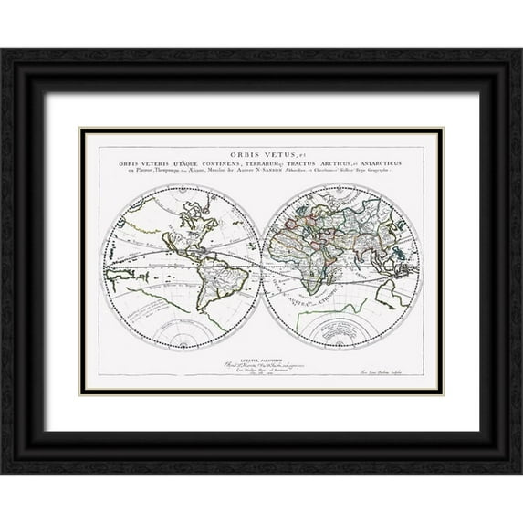 Sanson 18x14 Black Ornate Wood Framed with Double Matting Museum Art Print Titled - Old World New World - Sanson 1641