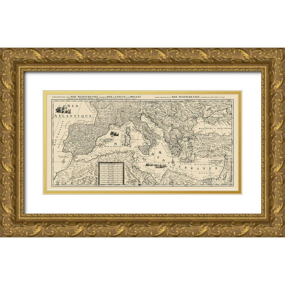 Sanson 24x14 Gold Ornate Wood Framed with Double Matting Museum Art Print Titled - Mediterranean Sea Region - Sanson 1680