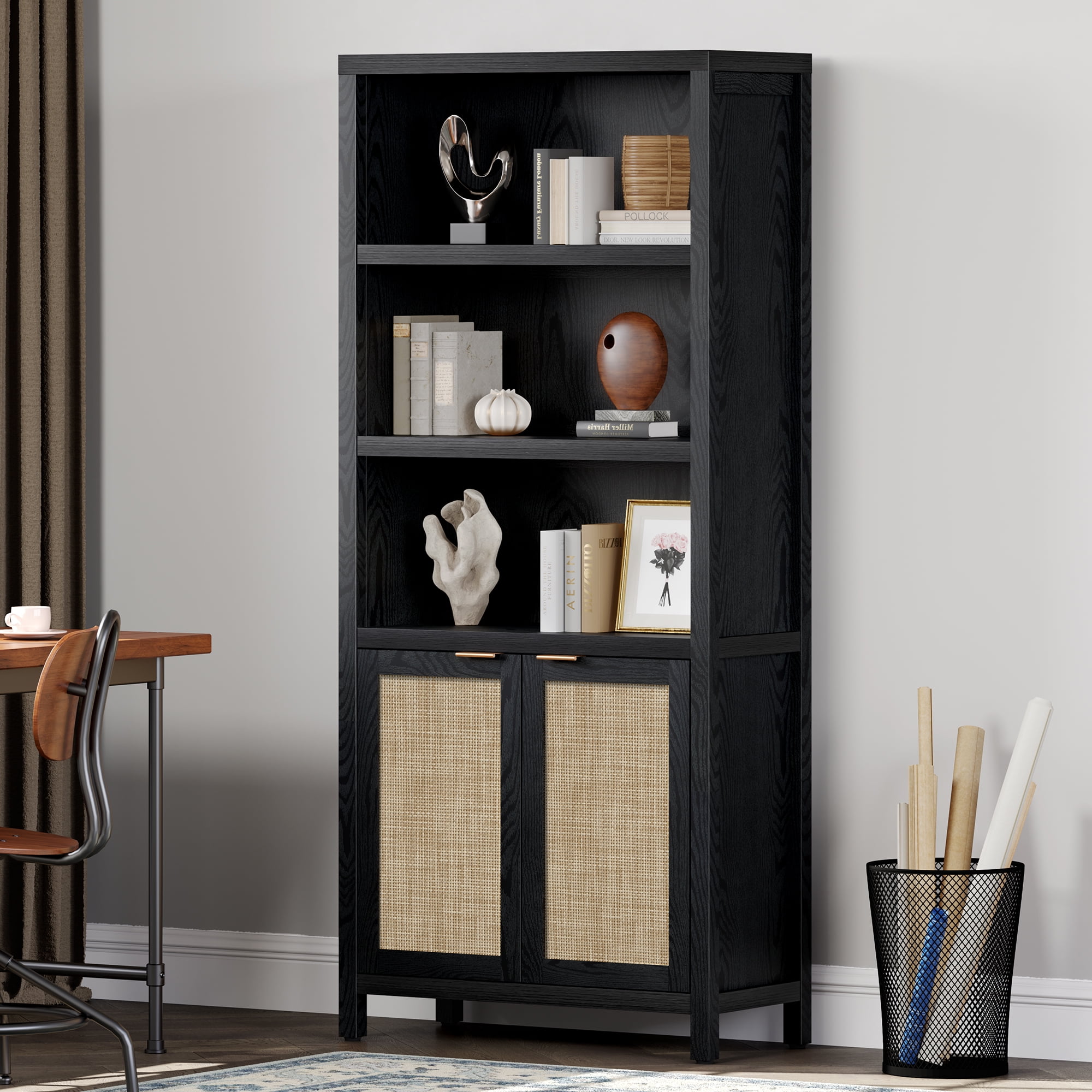 Sanspredet 5 Shelf Bookcase with Doors Rattan Bookshelf Standing Storage Cabinet Tall Book Shelf Display Storage Shelves for Library Home Office