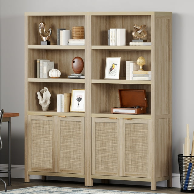 Sanspredet 5 Shelf Bookcase with Doors,Rattan Bookshelf Standing