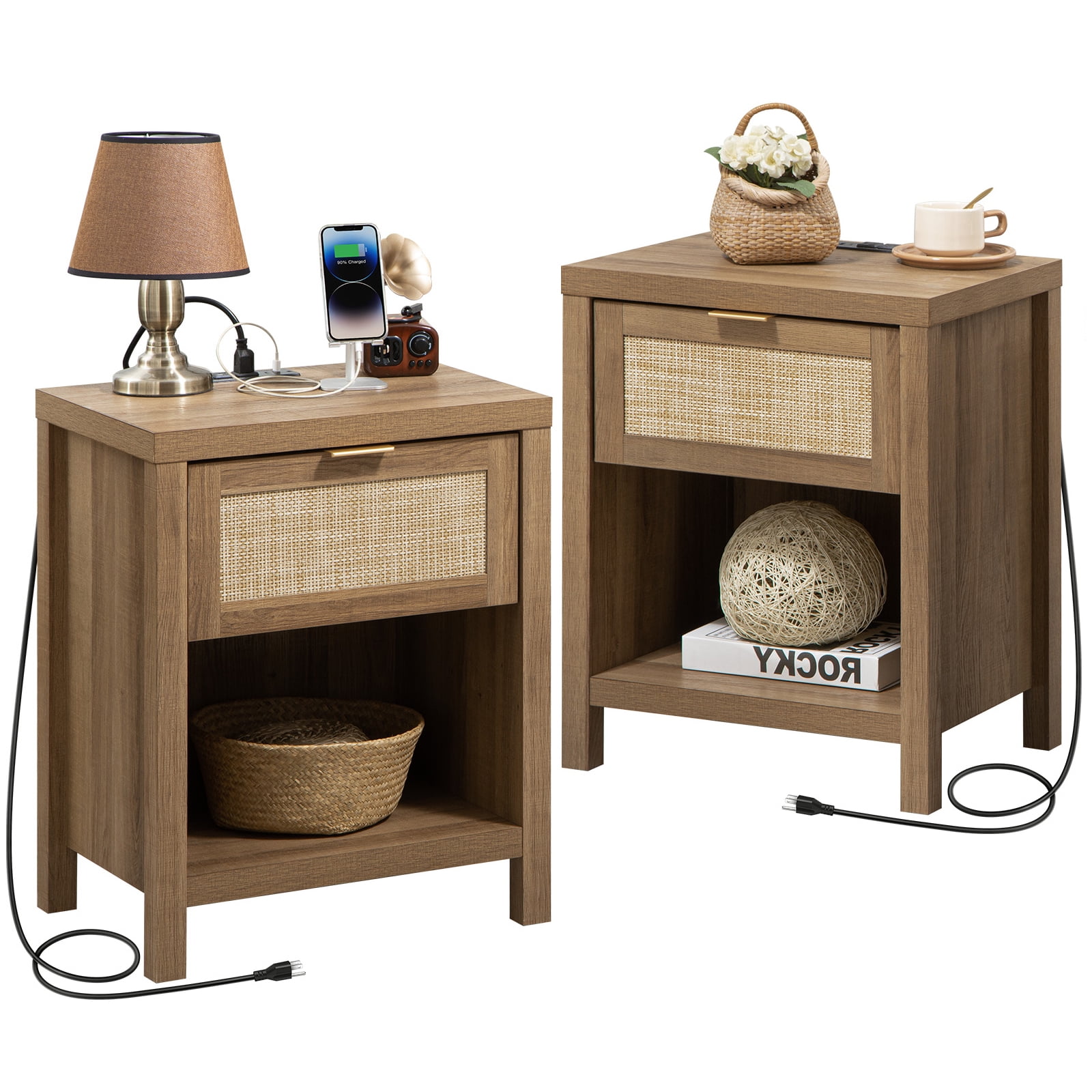 Sanspredet Nightstand with Charging Station, Bedside Table with USB