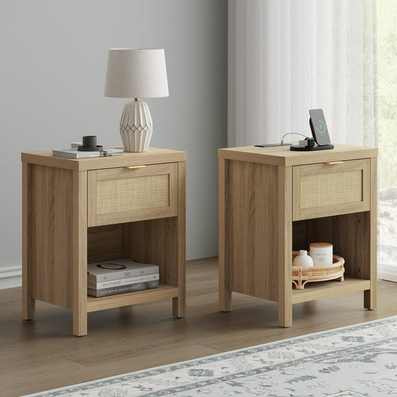 Sanspredet Nightstand Set of 2 with Charging Station, Boho Bedside Table with USB Ports & Power Outlets, Night Stands for Bedroom with Rattan Drawer End Table for Bedroom Living Room Hallway