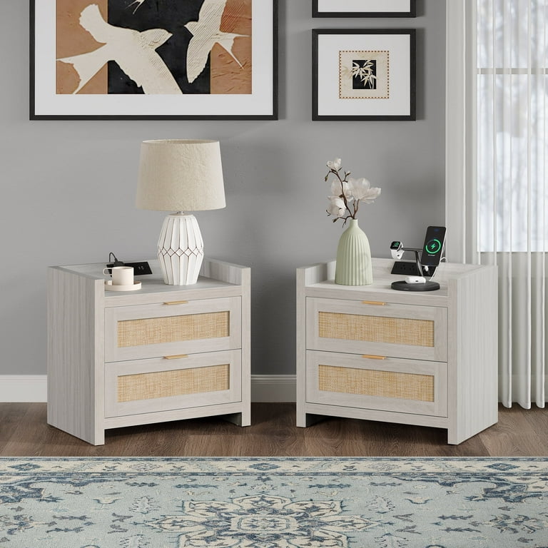 Sanspredet Rattan Nightstand Set of 2 with Charging Station Boho Modern Bedside Tables with 2 Drawer Bed Side Tables End Table for Bedroom
