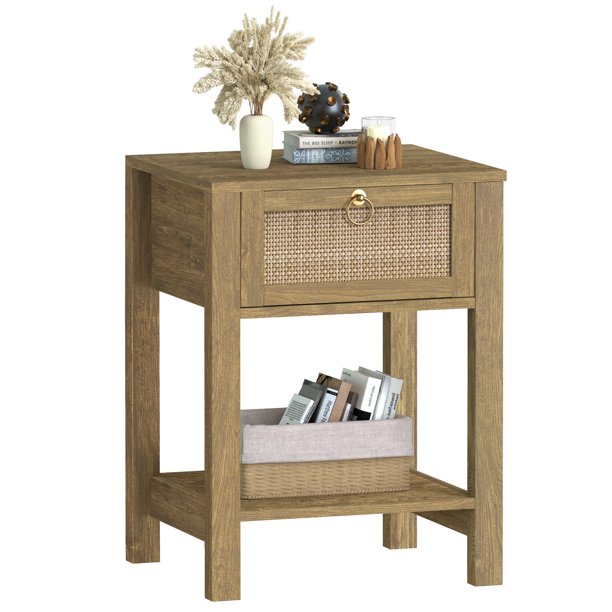 Sanspredet Rattan Nightstand, Boho Side Table with Rattan Decorated