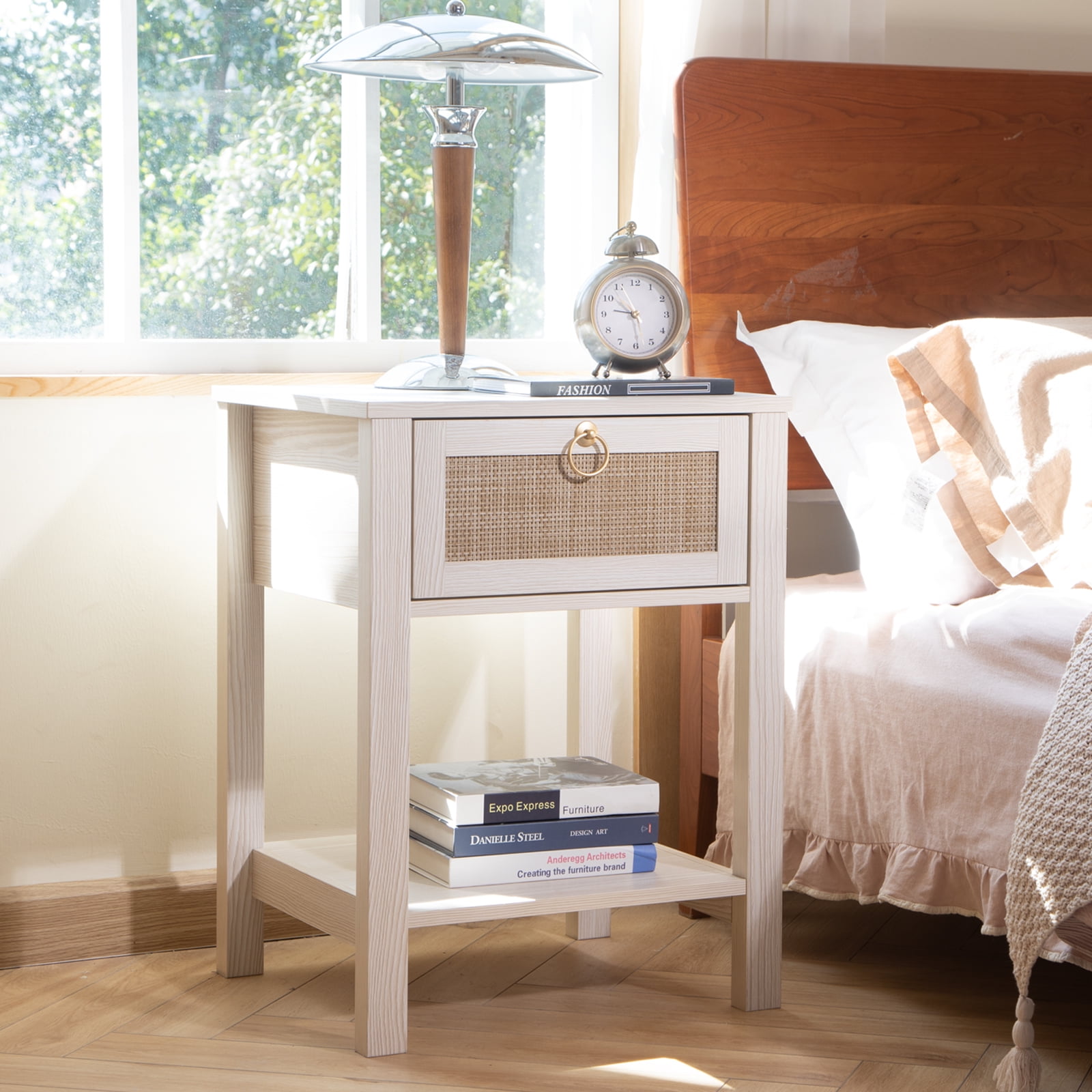 Sanspredet Rattan Nightstand, Boho White BedSide Table with Drawers