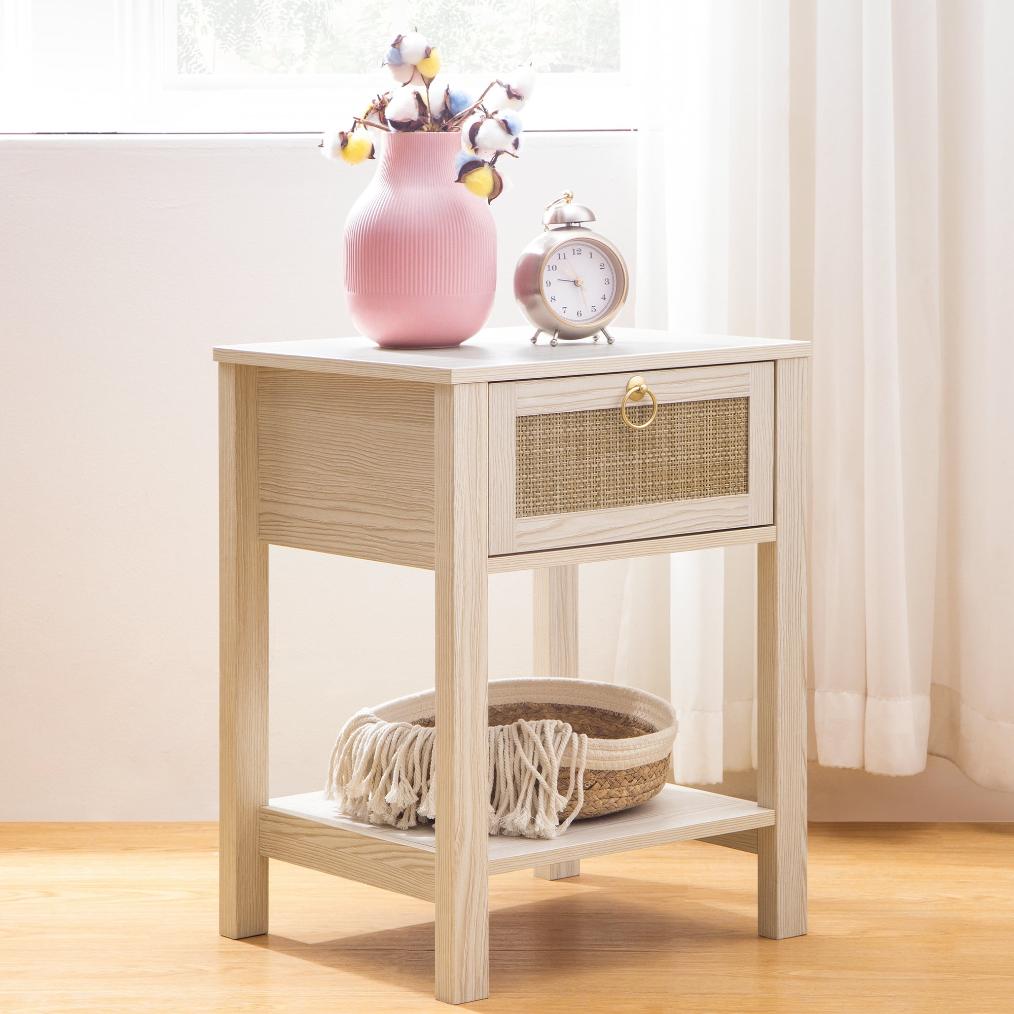 Sanspredet Rattan Nightstand, Boho White BedSide Table with Drawers