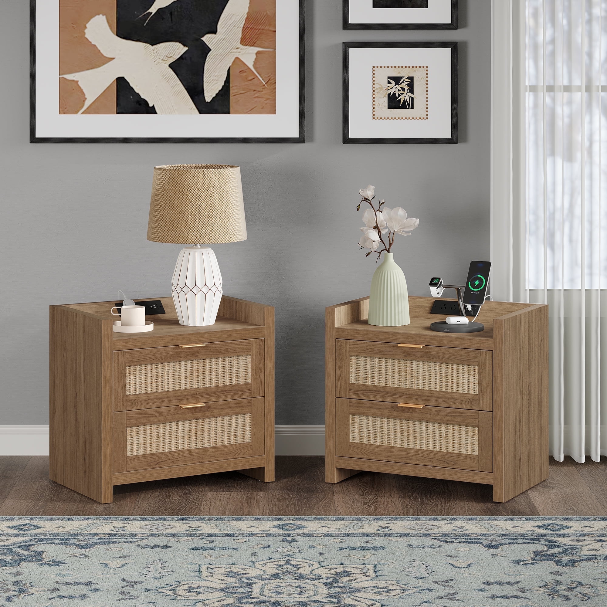 Sanspredet Rattan Nightstand Set of 2 with Charging Station, Boho Modern Bedside Tables with 2 Drawer, Bed Side Tables End Table for Bedroom - Natural Oak