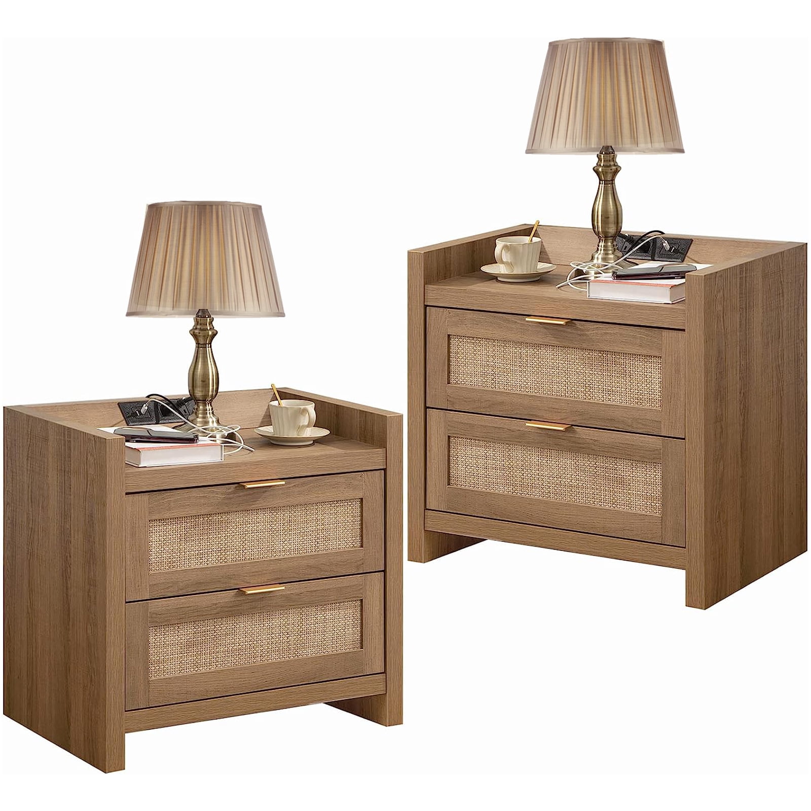 Sanspredet Rattan Nightstand Set of 2 Bedside Table with USB TypeC