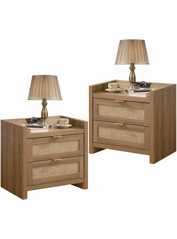 Sanspredet Rattan Nightstand Set of 2 Bedside Table with USB Type-C Charging Station Modern End Side Table with 2 Rattan-Like Decor Drawer, Boho Night Stand for Bedroom - Natural