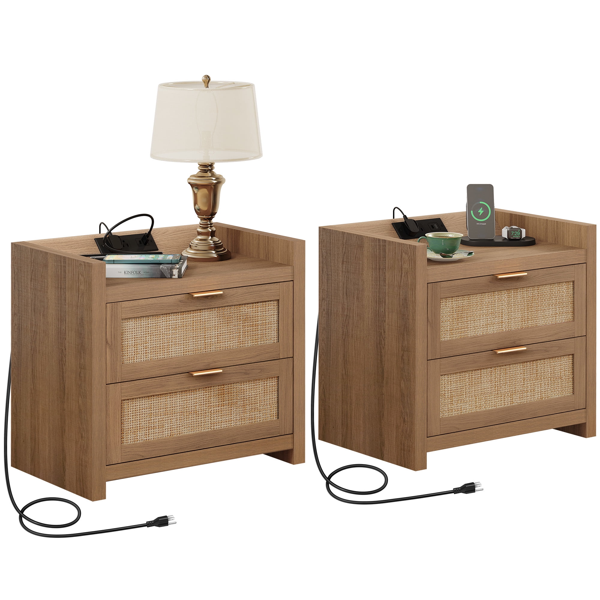 Sanspredet Rattan Nightstand Set of 2 with Charging Station, Boho Modern Bedside Tables with 2 Drawer, Bed Side Tables End Table for Bedroom - Natural Oak