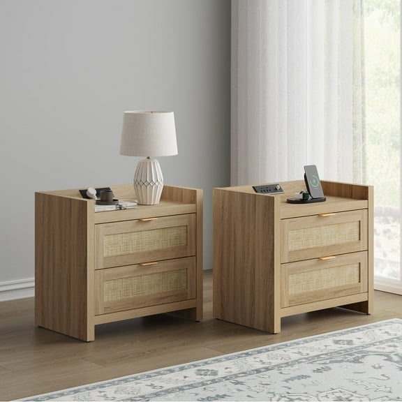 Sanspredet Rattan Nightstand Set of 2 with Charging Station, Boho Modern Bedside Tables with 2 Drawer, Bed Side Tables End Table for Bedroom - Light Oak
