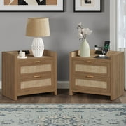 Sanspredet Rattan Nightstand Set of 2 with Charging Station, Boho Modern Bedside Tables with 2 Drawer, Bed Side Tables End Table for Bedroom - Natural Oak