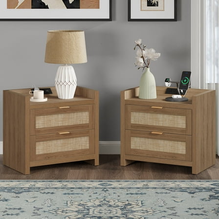 Sanspredet Rattan Nightstand Set of 2 with Charging Station, Boho Modern Bedside Tables with 2 Drawer, Bed Side Tables End Table for Bedroom - Natural Oak