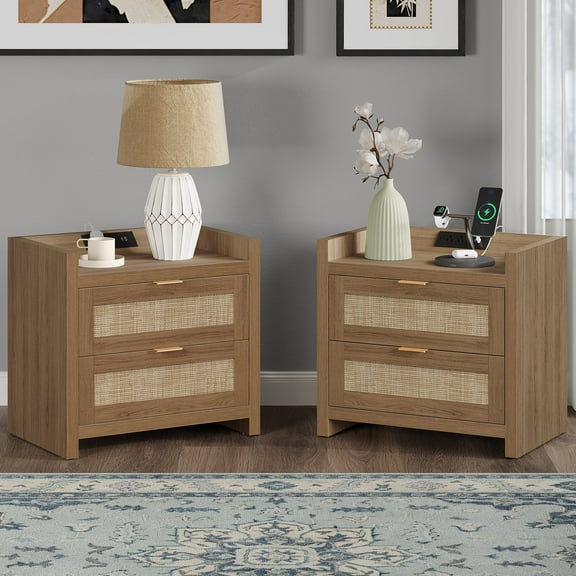 Sanspredet Rattan Nightstand Set of 2 with Charging Station, Boho Modern Bedside Tables with 2 Drawer, Bed Side Tables End Table for Bedroom - Natural Oak
