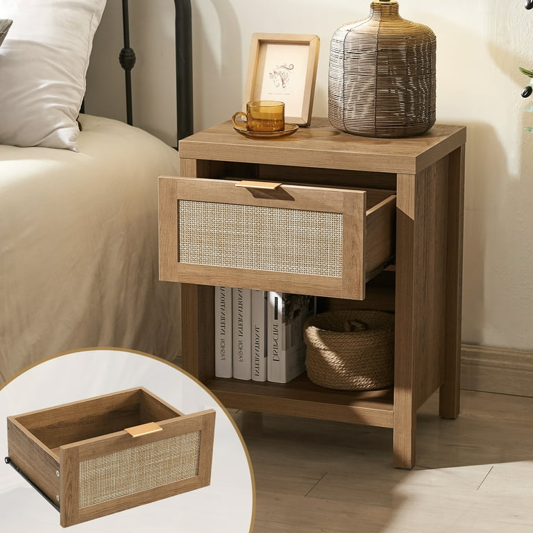 Sanspredet Rattan Nightstand with Drawer Mid-Century Boho Bedside Table  Modern Bedroom End Table Night Table 