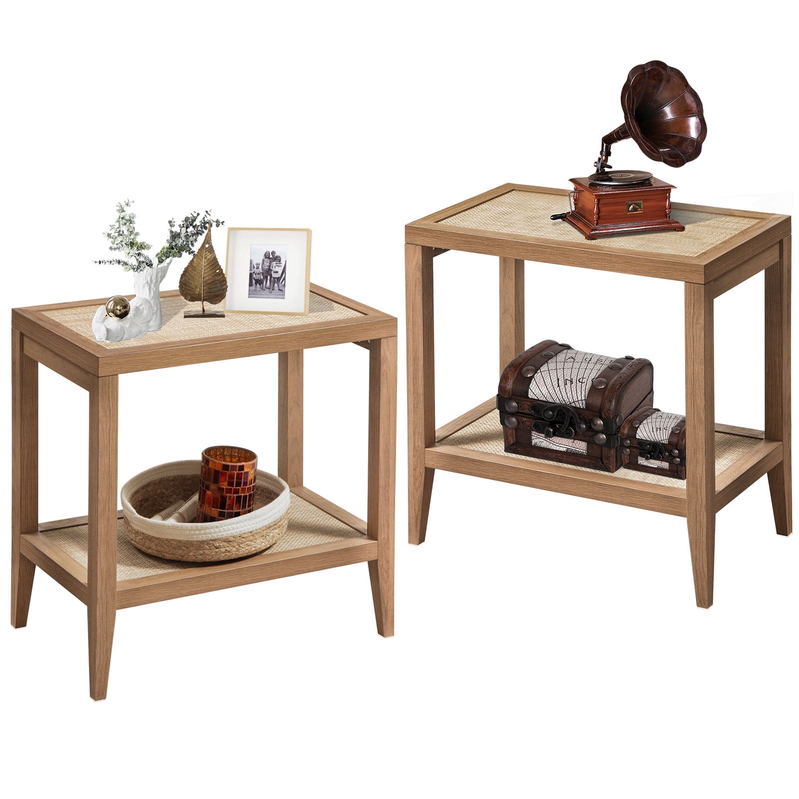 Sanspredet Set of 2 Rattan Nightstands - Boho Narrow End Tables for Living Room and Bedroom - Farmhouse Accent Tables with Open Storage Shelves