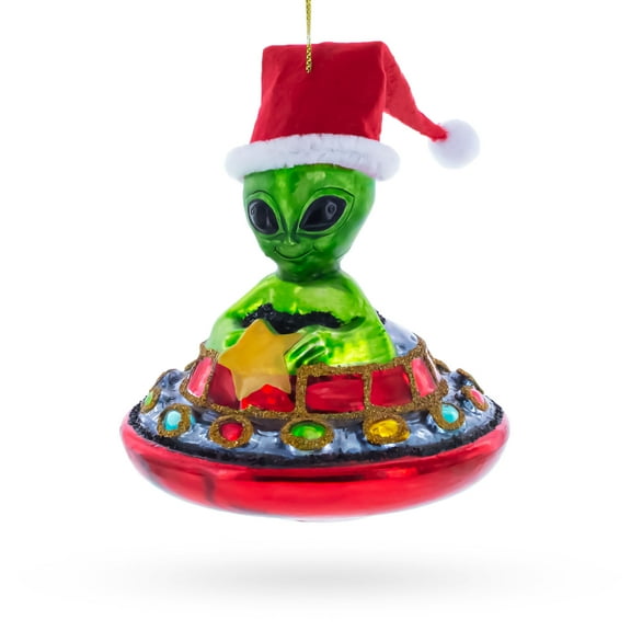 Santa Alien in UFO Glass Christmas Ornament