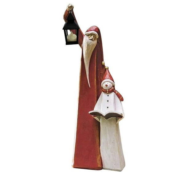 Santa And Snowman Sculpture With Solar Lantern 6Inch