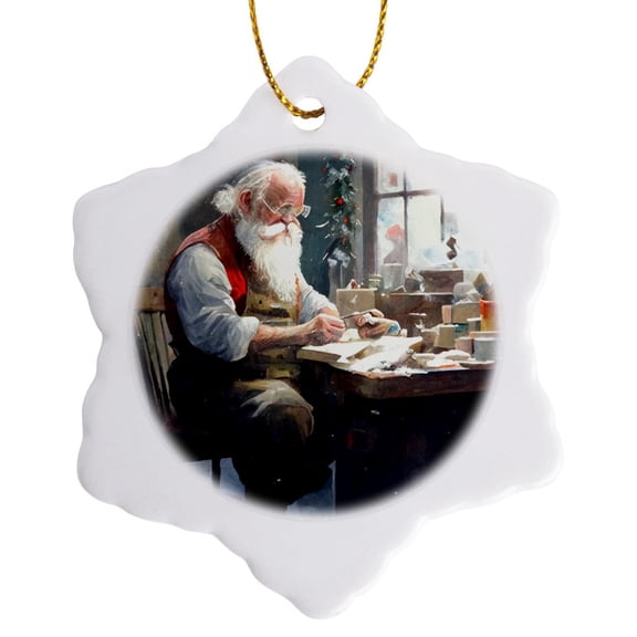 3drose, Santa at His Workshop Desk, 3 inch Snowflake Porcelain Ornament