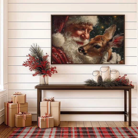 Santa with Baby Deer Christmas Painting, wall decor, home decor, art print, gallery wall, living room art, statement artwork, interior decor, vintage artwork, gift idea 20x30