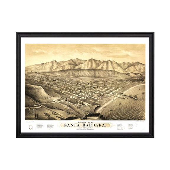 Santa Barbara Art, 1877 Vintage Map of Santa Barbara California, CA History Wall Decor Gift, Old Santa Barbara Map - 24" x 18" Black Framed Print