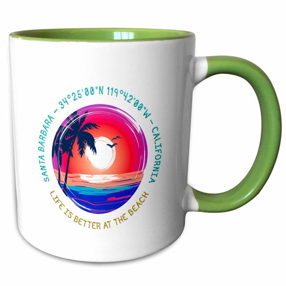 3drose, Santa Barbara, California. Life Is Better at the Beach Travel Gift, 11oz Two-tone Green Mug