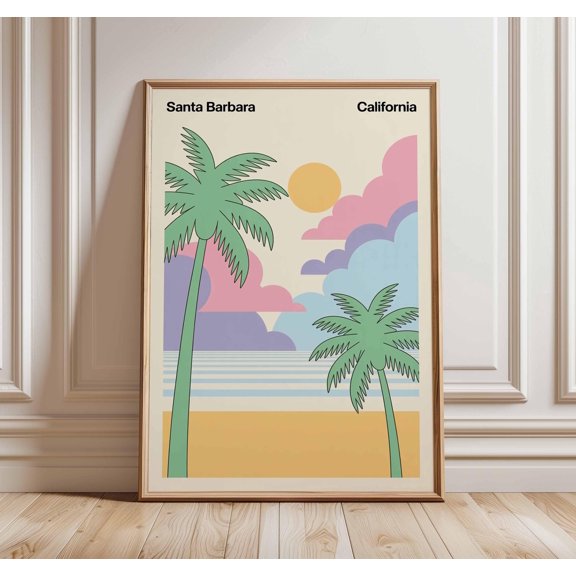 Santa Barbara California Palm Tree Art Print Poster, Retro Graphic Art, Coastal Beach Wall Decor Unique Gift, Poster Only