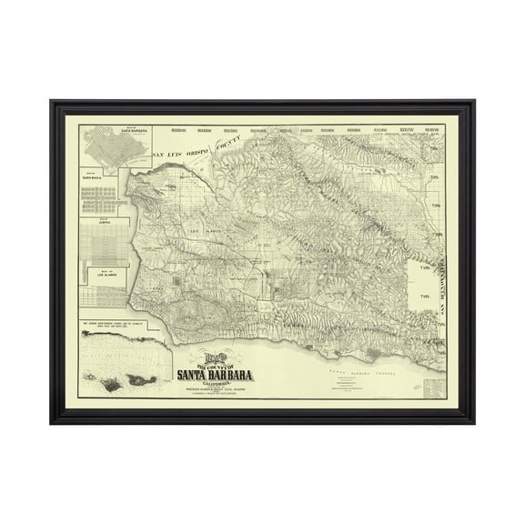 Santa Barbara County California Art, 1889 Vintage Map of Santa Barbara County CA History Wall Decor Gift, Old Santa Barbara County CA Map - 24" x 18" Black Framed Print