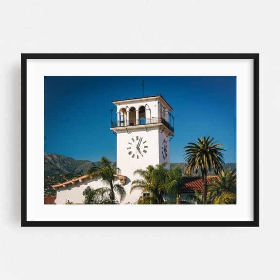 Santa Barbara County Courthouse - Santa Barbara California Photography Architecture Palm Tree Scenic Coastal Travel Poster Mountain Black Framed Wall Art Print 16 x 24 inches